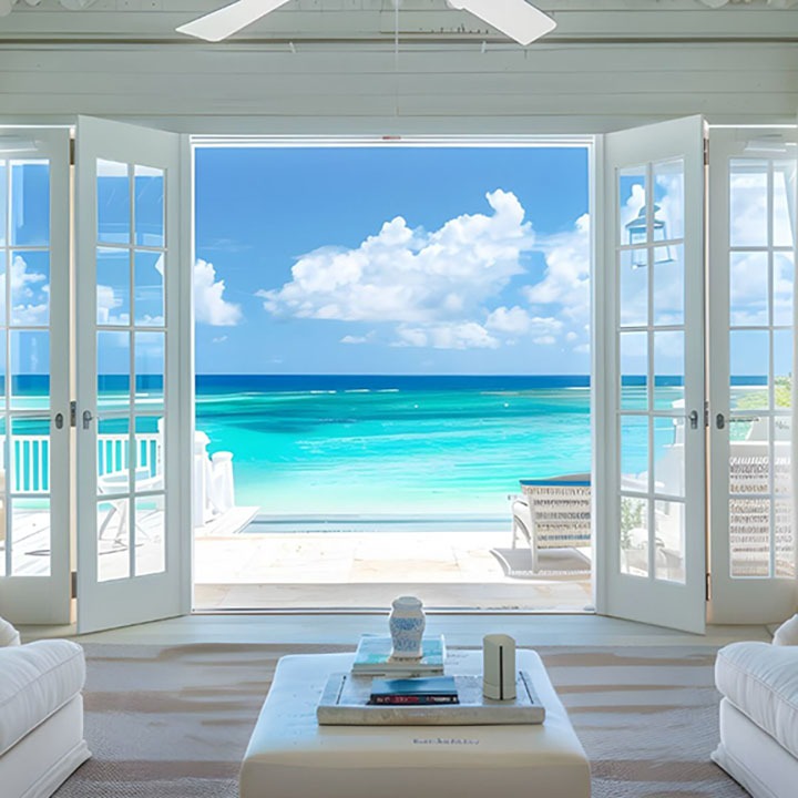 Open doors frame a stunning view of a turquoise ocean and blue sky with clouds