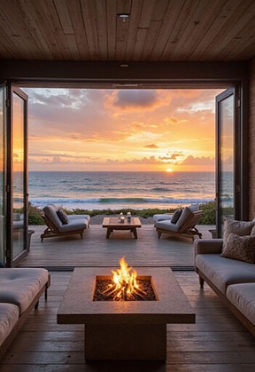 Cozy outdoor seating with a central fire pit overlooks a beach at sunset, creating a warm, inviting atmosphere for relaxation.
