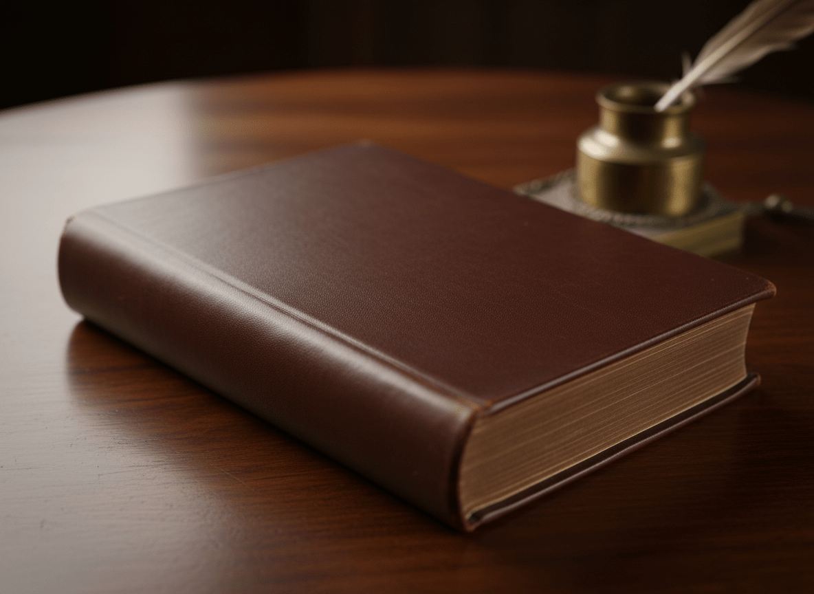 Brown leather-bound book resting on a wooden table beside an ink pot and feather quill