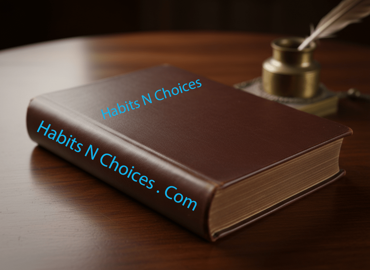 Brown hardcover book titled "Habits N Choices" on a wooden table, accompanied by a pen and inkwell