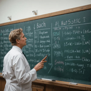 A professor in a lab coat gestures at a chalkboard filled with complex equations and notes, illustrating a science or mathematics lesson.