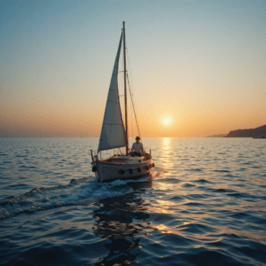 A sailboat glides through calm waters at sunset, with a solitary sailor steering, capturing a serene moment of solitude and adventure.