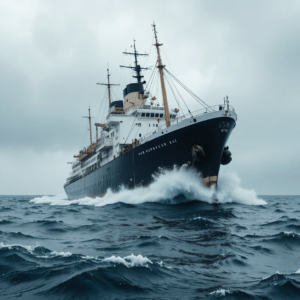 Historic ship navigating through choppy waters under a cloudy sky, showcasing maritime engineering and adventure on the open sea.