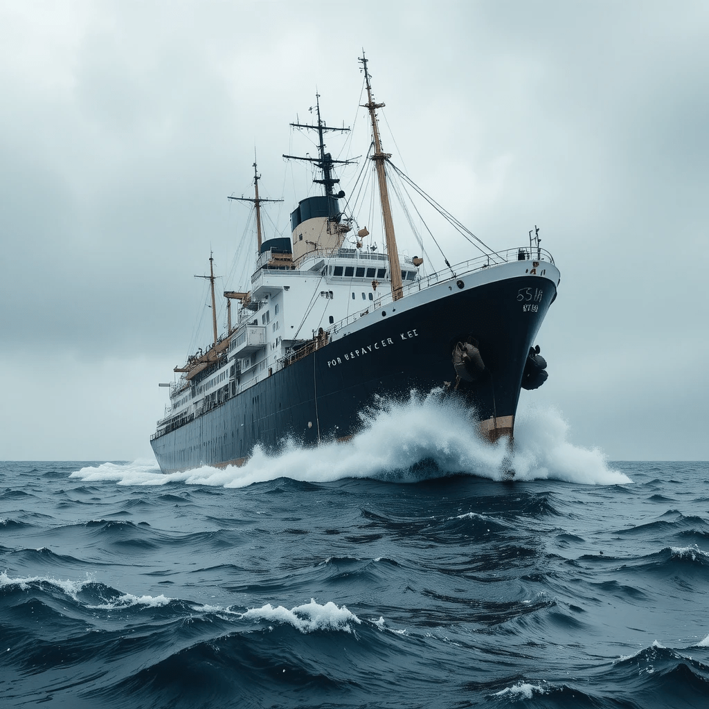 Historic ship navigating through choppy waters under a cloudy sky, showcasing maritime engineering and adventure on the open sea.